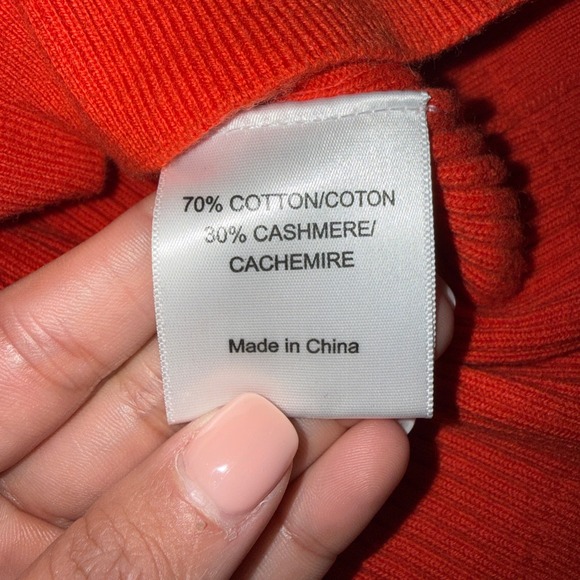 Tory Burch Orange Cashmere Ribbed V-Neck Sweater Elbow Patches Gold Button Large - Picture 6 of 8